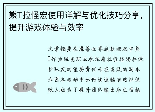 熊T拉怪宏使用详解与优化技巧分享，提升游戏体验与效率